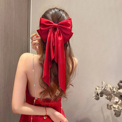 Elegant Red Streamer Large Simple Solid Satin Ponytail Christmas Hair Accessory