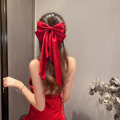 Elegant Red Streamer Large Simple Solid Satin Ponytail Christmas Hair Accessory