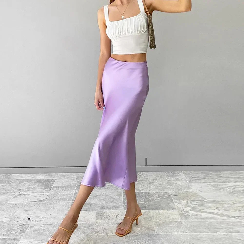 Elegant Satin Silk Business High Waist Skirt