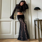 Elegant Sheer Lace Skirts Two Piece Sets Women Sexy Lace up Long Sleeve Tops and High Waist Slim Skirts Suits Party