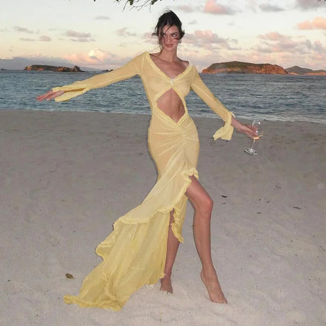 Elegant Yellow See Through Ruched Summer Long Sleeve Maxi Dress Main image