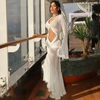 Elegant Yellow See Through Ruched Summer Long Sleeve Maxi Dress White / S