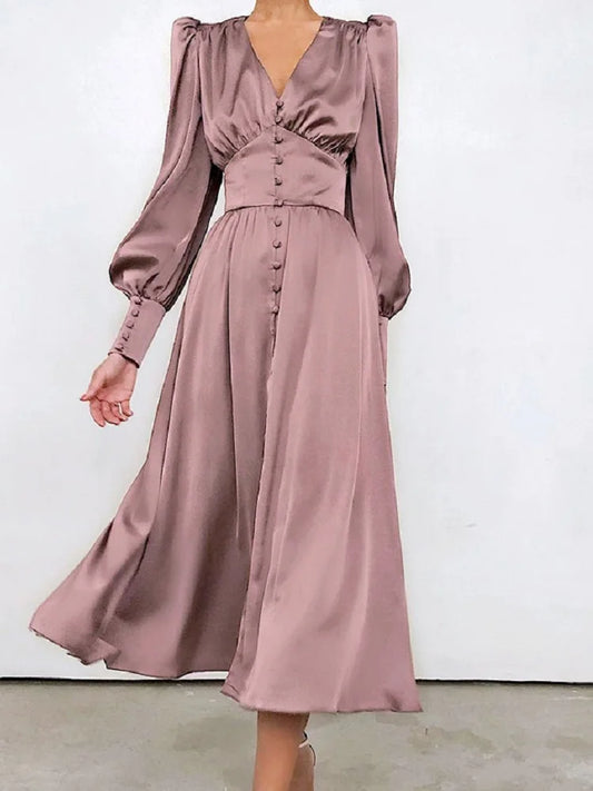 Elegant and fashionable Women's Fall V-neck Satin Full Button Skinny Vintage Split Maxi Dress