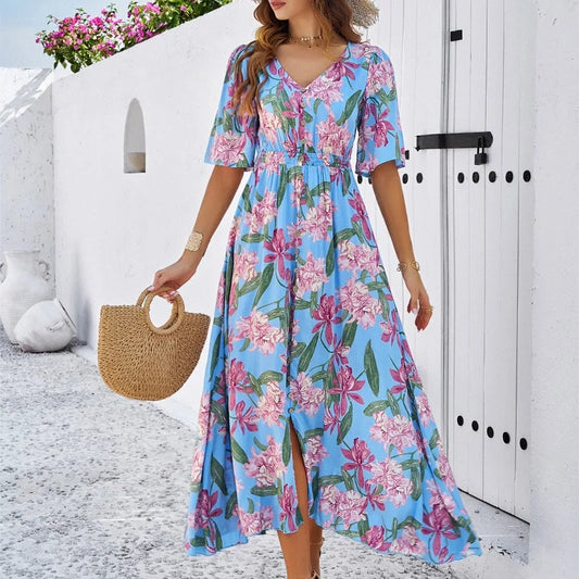 Elegant Floral Print Summer 2024 New Holiday Casual Single Breasted Split Midi Dress