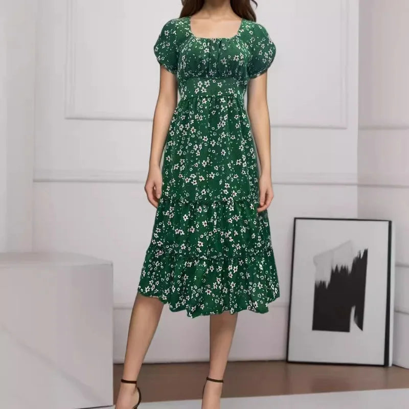 Elegant Floral Prints Square Neck Short Puff Sleeve Midi Dress