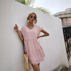 Elegant Leopard Print Floral Prints Summer Women 2024 New Loose V Neck Ruffled Short Sleeved Mini Dress