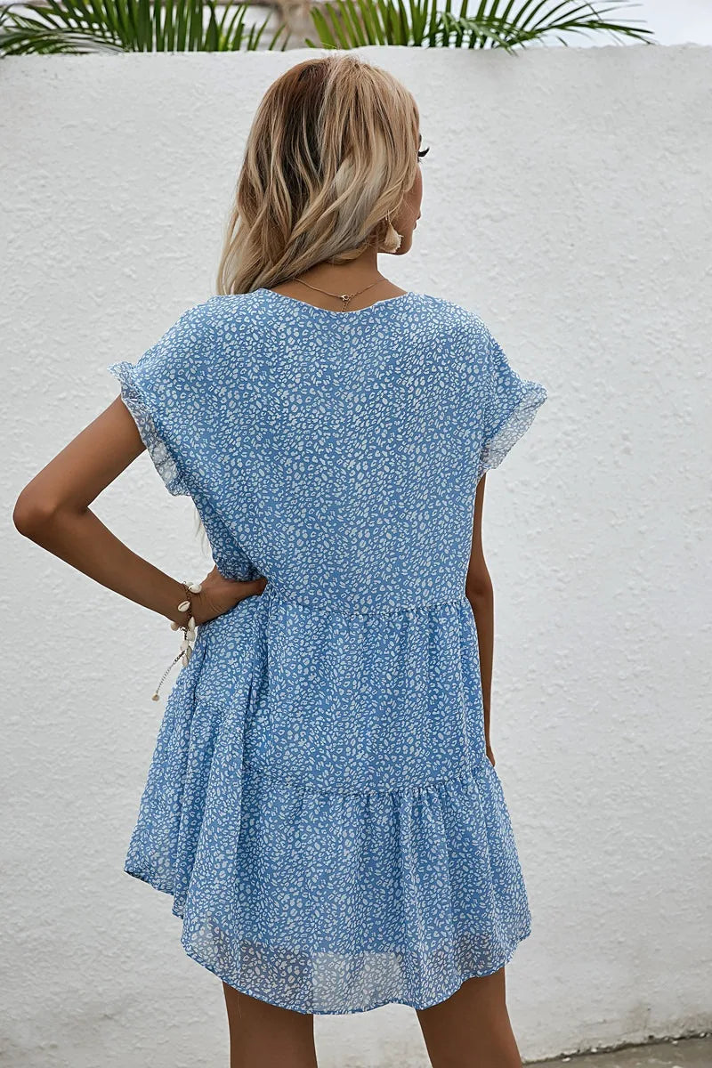 Elegant Leopard Print Floral Prints Summer Women 2024 New Loose V Neck Ruffled Short Sleeved Mini Dress