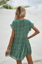 Elegant Leopard Print Floral Prints Summer Women 2024 New Loose V Neck Ruffled Short Sleeved Mini Dress