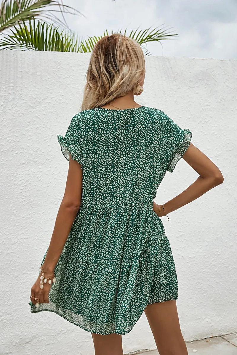 Elegant Leopard Print Floral Prints Summer Women 2024 New Loose V Neck Ruffled Short Sleeved Mini Dress