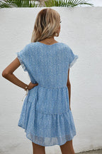 Elegant Leopard Print Floral Prints Summer Women 2024 New Loose V Neck Ruffled Short Sleeved Mini Dress