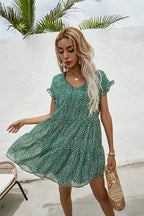 Elegant Leopard Print Floral Prints Summer Women 2024 New Loose V Neck Ruffled Short Sleeved Mini Dress