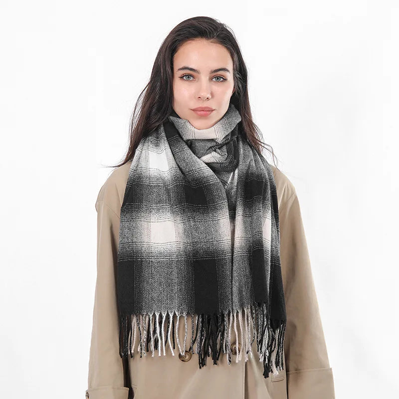 Europe Gradient Plaid Acrylic Cashmere Long Muffler Scarf Black / L200Cm W84Cm Scarfs-L