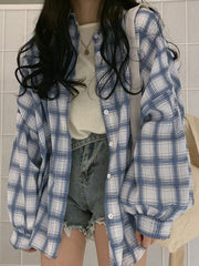 Checkered Puff Sleeve Button Blouse Blue / S Long Sleeves