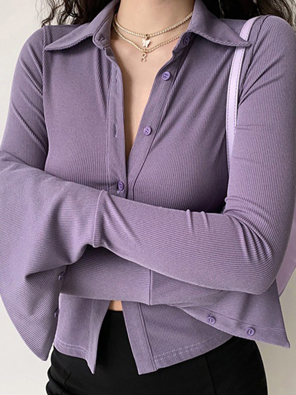 Polo Neck Long Sleeve Rib Blouse Long Sleeves