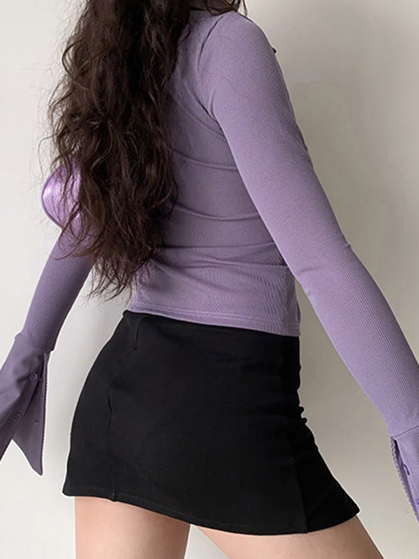 Polo Neck Long Sleeve Rib Blouse Long Sleeves