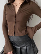 Polo Neck Long Sleeve Rib Blouse Long Sleeves