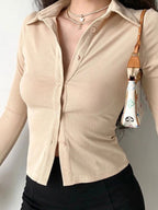 Polo Neck Long Sleeve Rib Blouse Long Sleeves