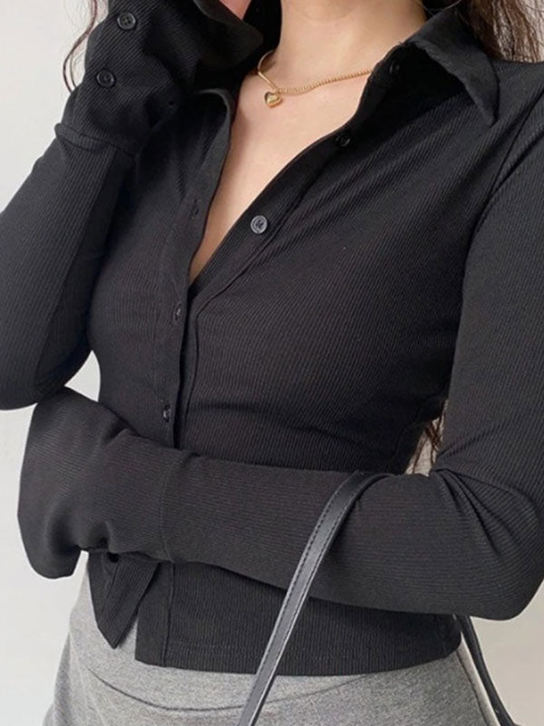 Polo Neck Long Sleeve Rib Blouse Long Sleeves