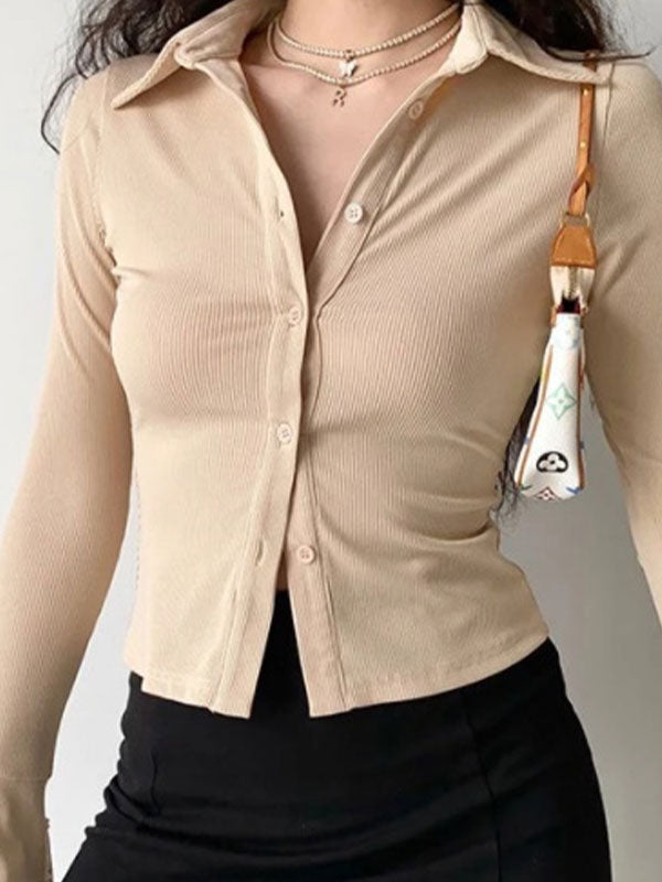 Polo Neck Long Sleeve Rib Blouse Long Sleeves