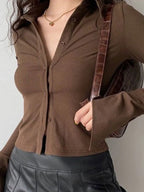 Polo Neck Long Sleeve Rib Blouse Long Sleeves