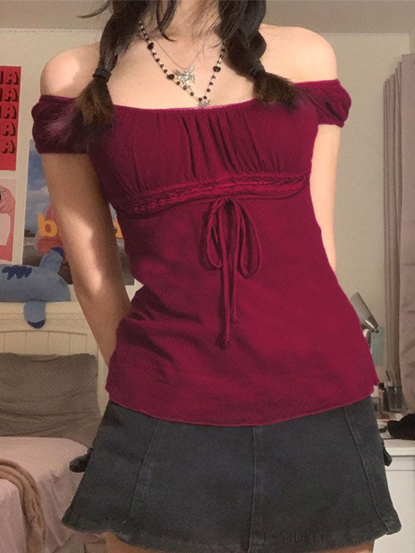Vintage Tie Front Lace Trim Blouse Red / S Short Sleeves Main image