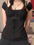 Vintage Tie Front Lace Trim Blouse Short Sleeves