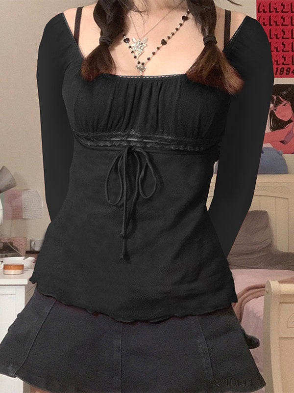 Lace Trim Tie Front Long Sleeve Blouse Black / S Long Sleeves Main image