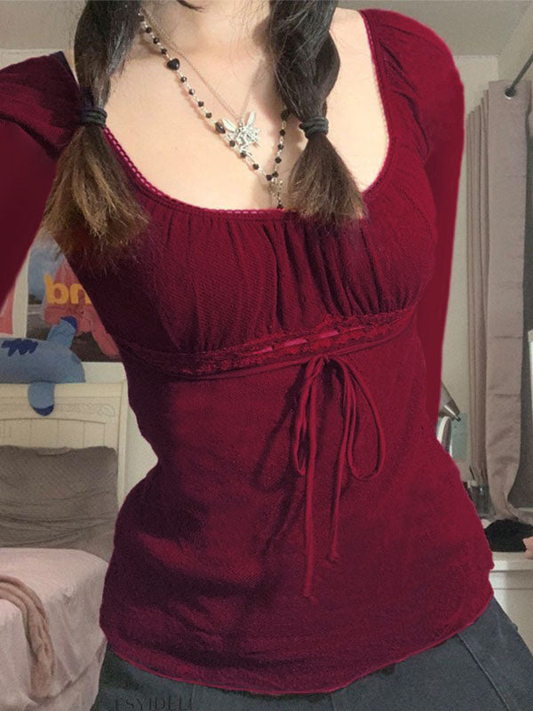 Lace Trim Tie Front Long Sleeve Blouse Long Sleeves