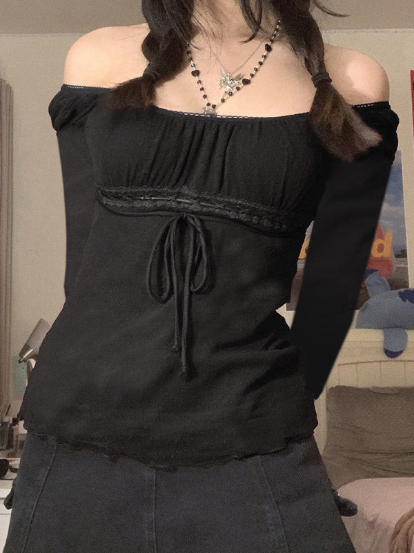Lace Trim Tie Front Long Sleeve Blouse Secondary image