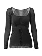 Lace Trim Tie Front Long Sleeve Blouse Long Sleeves