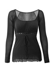 Lace Trim Tie Front Long Sleeve Blouse Long Sleeves