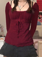 Lace Trim Tie Front Long Sleeve Blouse Red / S Long Sleeves