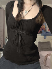 Lace Trim Tie Front Long Sleeve Blouse Long Sleeves