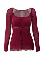 Lace Trim Tie Front Long Sleeve Blouse Long Sleeves