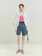 Retro Frayed trimmed Denim Blue Cotton Shorts