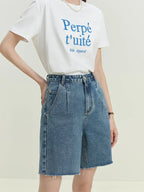 Retro Frayed trimmed Denim Blue Cotton Shorts Blue / XS