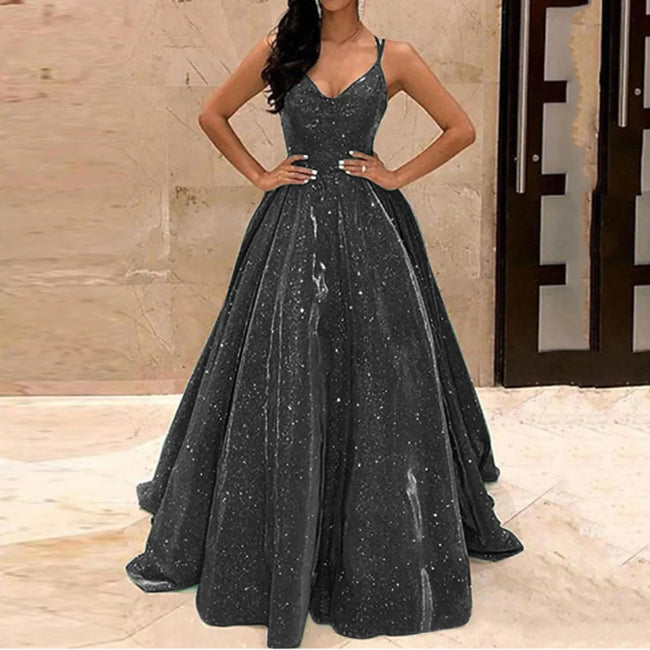 Fall For Women 2024 Spaghetti Strap Sleeveless Glitter Sequin Big Swing Formal Elegant Evening Prom Dress Black / S Main image