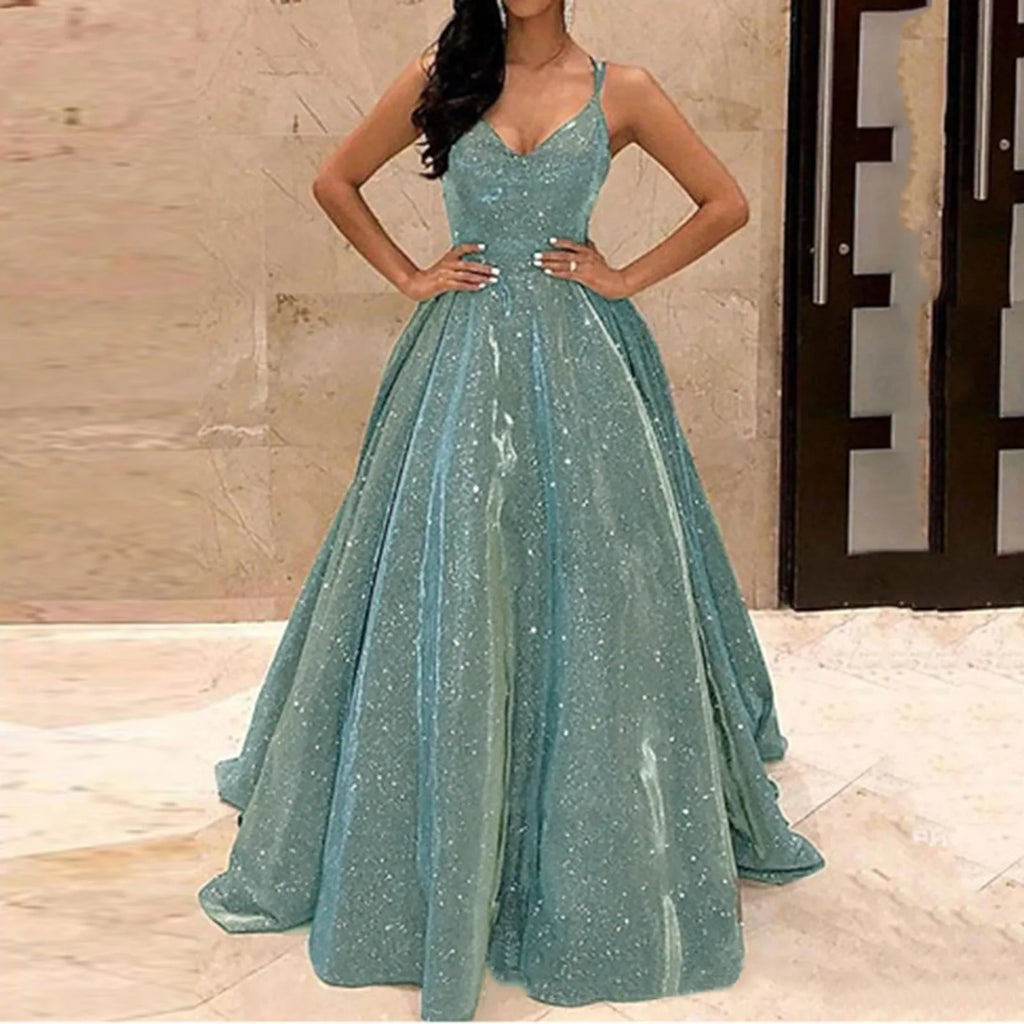 Fall For Women 2024 Spaghetti Strap Sleeveless Glitter Sequin Big Swing Formal Elegant Evening Prom Dress Green / S
