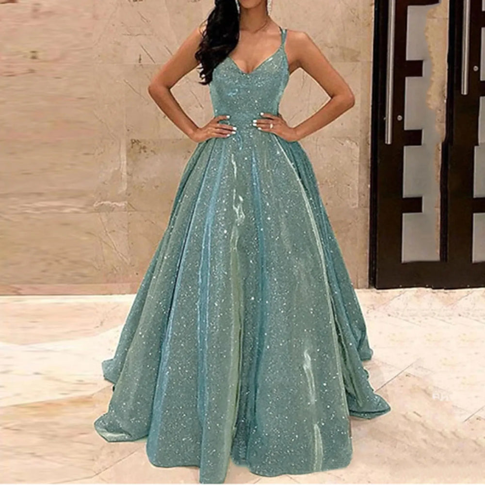 Fall For Women 2024 Spaghetti Strap Sleeveless Glitter Sequin Big Swing Formal Elegant Evening Prom Dress Green / S