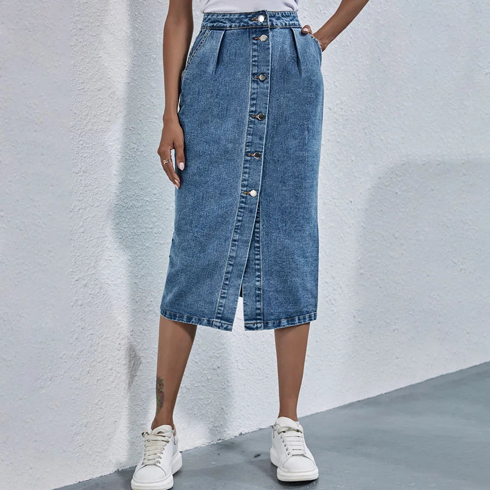 Single Breasted Casual Knee Length Straight Skirt