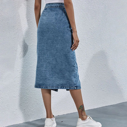 Single Breasted Casual Knee Length Straight Skirt