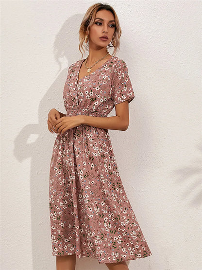 Floral Chic Short Sleeve Women's Fashionable Long Midi Dress