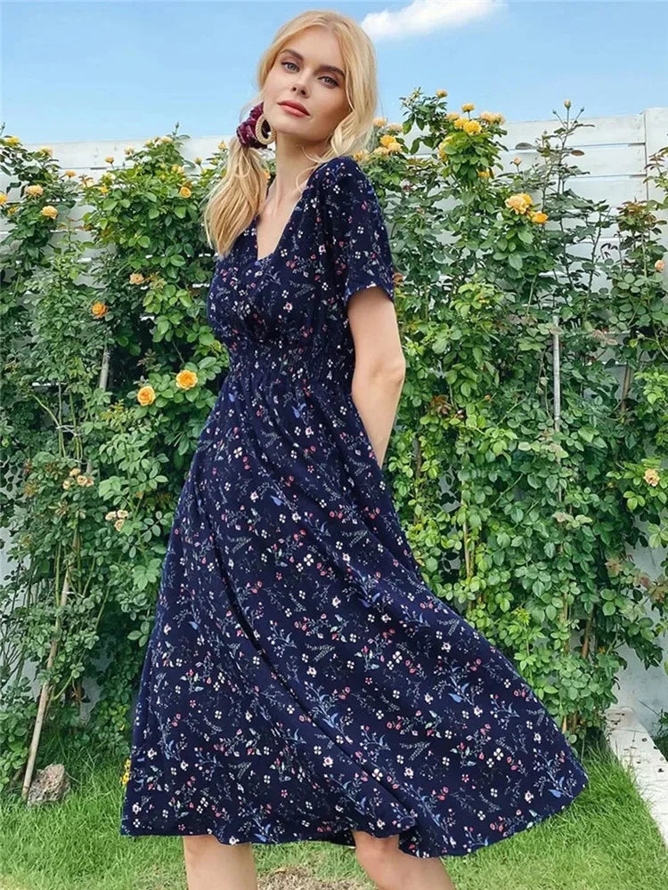 Floral Chic Short Sleeve Women's Fashionable Long Midi Dress