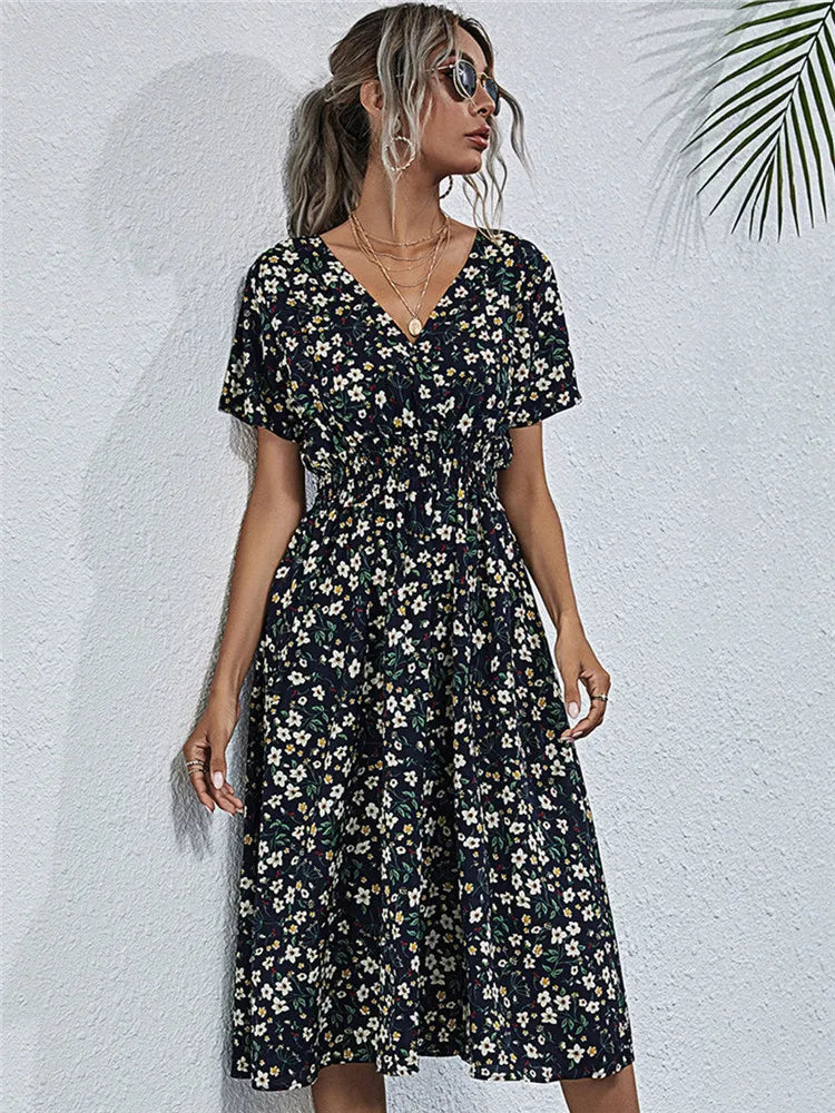 Floral Chic Short Sleeve Women's Fashionable Long Midi Dress