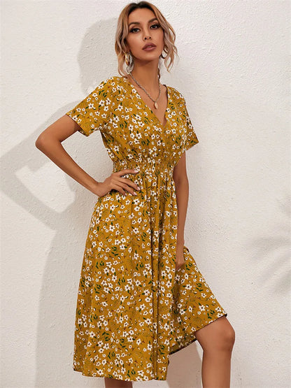 Floral Chic Short Sleeve Women's Fashionable Long Midi Dress