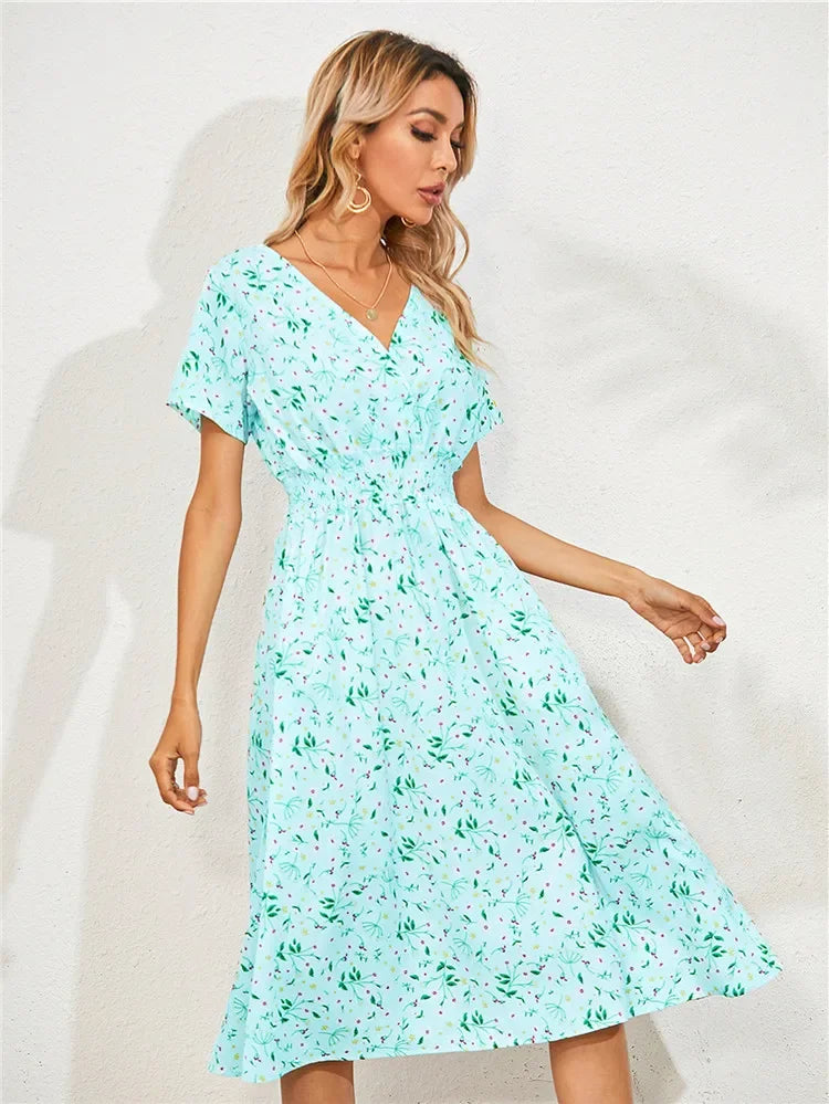 Floral Chic Short Sleeve Women's Fashionable Long Midi Dress