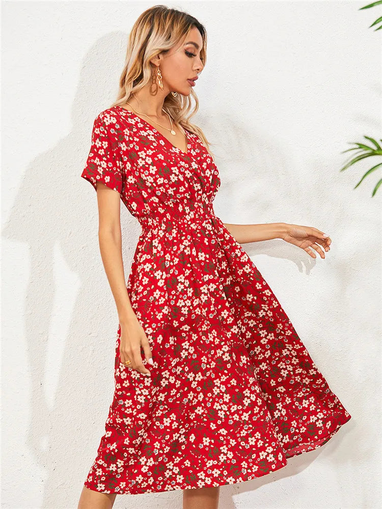 Floral Chic Short Sleeve Women's Fashionable Long Midi Dress