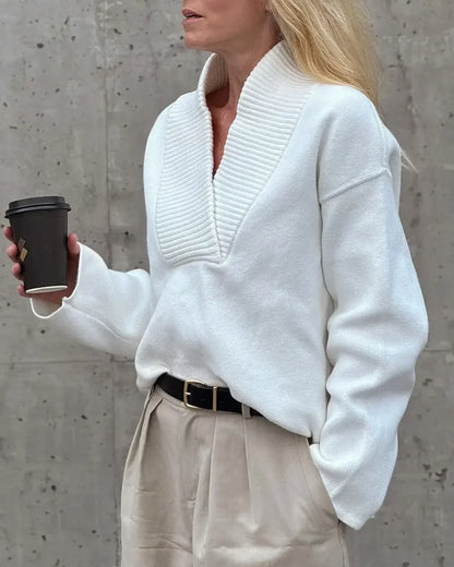 Fashion White Pleated Patchwork Knitted Pullover Women Elegant V-neck Long Sleeve Loose Sweater