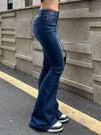 Blue Wash Distressed Stretch Flare Jeans Flare Jeans