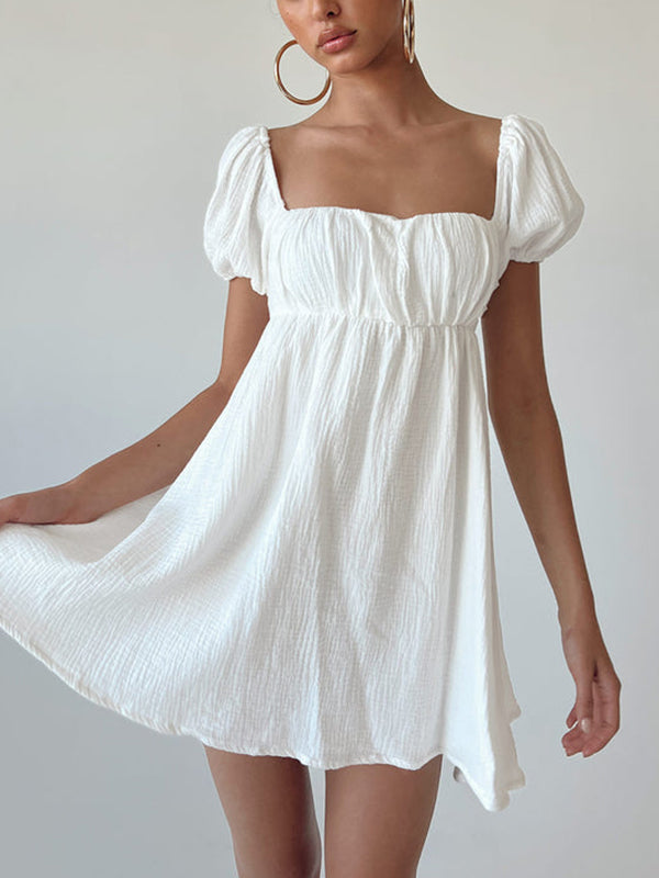 Short Puff Sleeve Square Neck Mini Dress White / S Mini Dresses Main image
